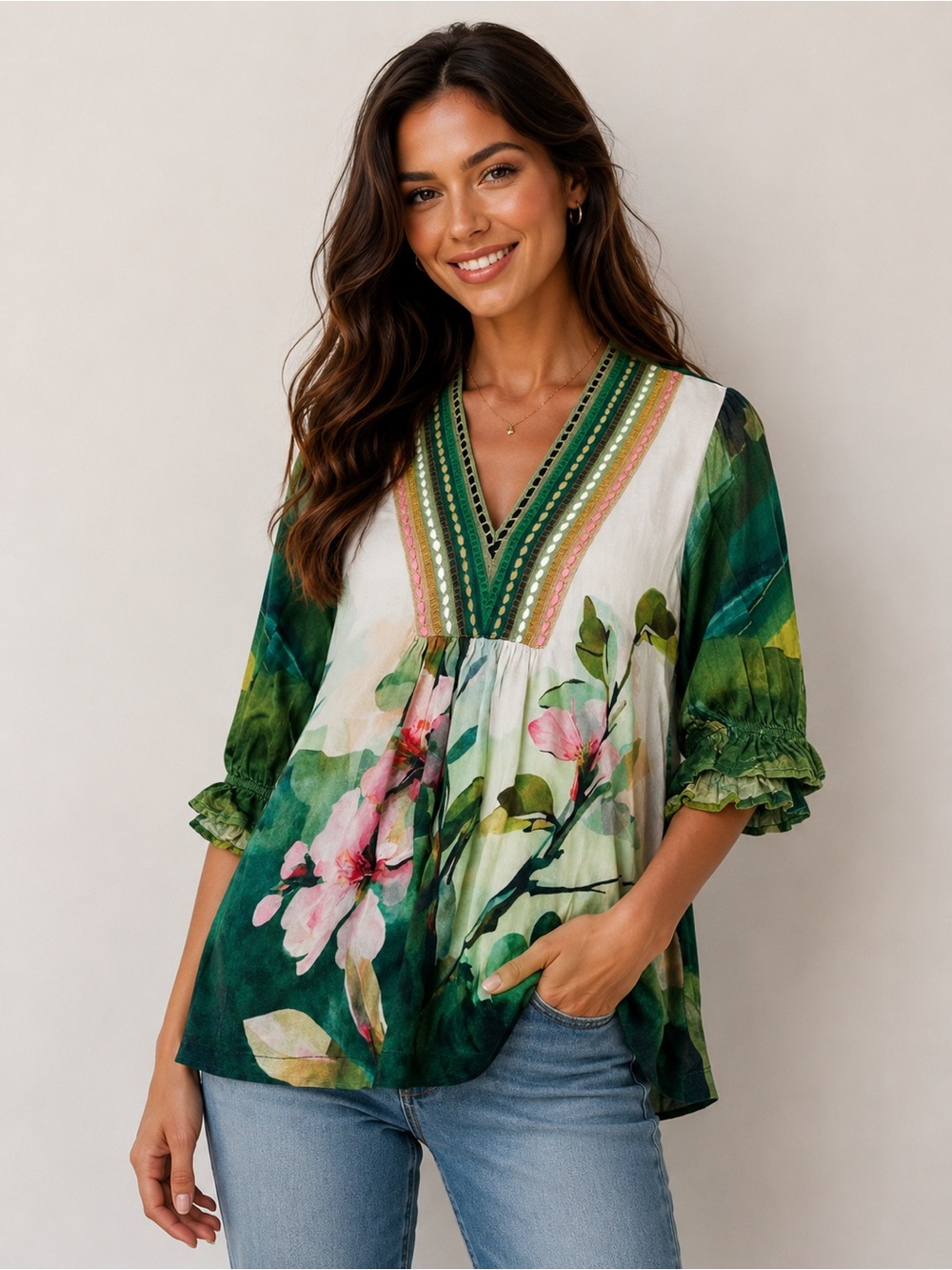 BI NK London Anthropologie V-Neck Floral Ruffle Sleeve Tunic Top Boho Medium